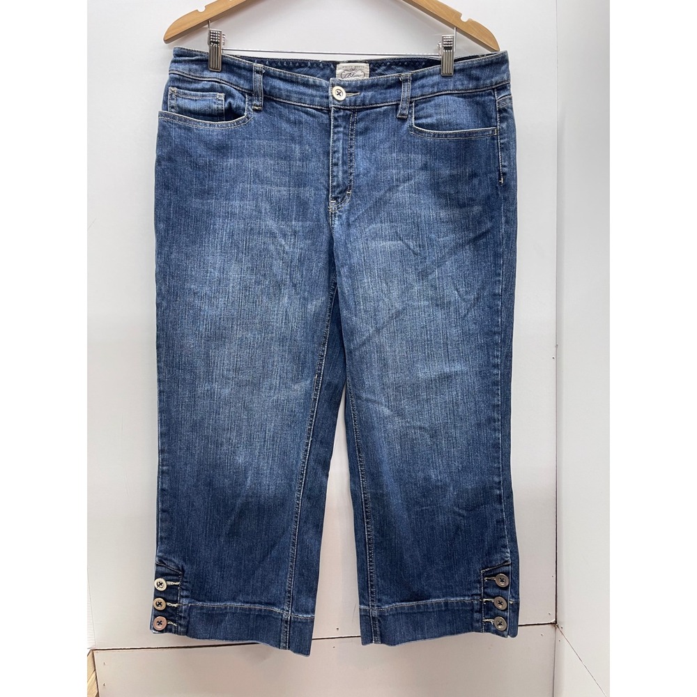 White House Black Market Blanc Blue Denim Capri Jeans Size 14 Button Hem Cropped